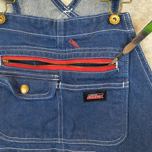 Vintage Dickies Bib Overalls Mens Small Regular Blue Denim Red Zip Workwear - Picture 6 of 15